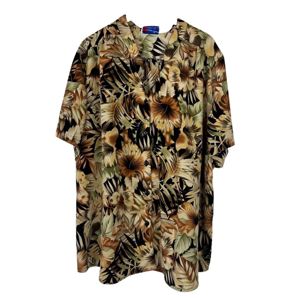 A Personal Touch Tunic Blouse Women 5X Brown Floral Tropical SS Button Up